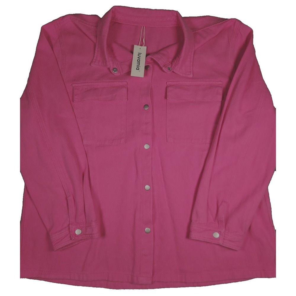 Luvamia Denim Shirt Jacket Womens 3XL Pink Snap Button Cotton Shacket NWT Plus